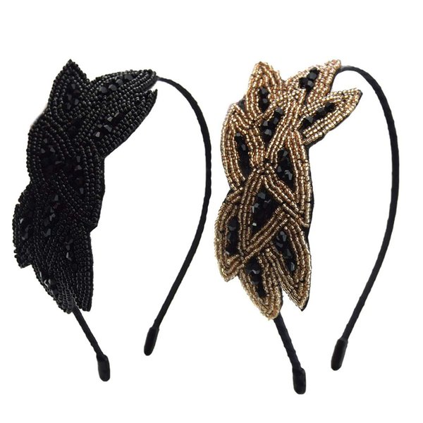 2 PCS Handmade Beaded Leaf Headband Vintage Rhinestone Hairband Hair-Band Headwear Accessories for Women Lady Girls (Black Gold + Black)