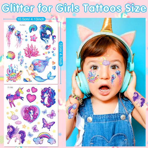 Sixberry Glitter Kids Temporary Tattoos for Girls, 12 Sheets Mermaid Unicorn Rainbow Butterfly Waterproof Fake Tattoos for Toddler Teen Little Girls Sparkly Birthday Party Favors Goodie Bags Stuffers