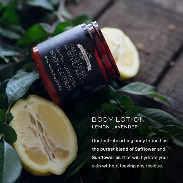 Farmstead Apothecary 100% Plant Based Body Lotion with Organic Safflower Oil, Organic Sunflower Oil & Organic Vitamin E Oil, 8 Oz (Lemon Lavender)