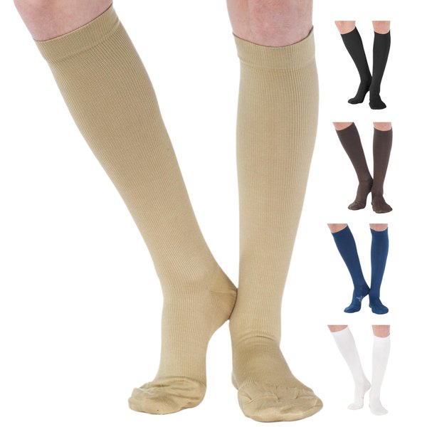 Made in USA - Compression Knee High for Women and Men 20-30mmHg - Graduated Support Opaque Compression Socks for Swelling, Lymphedema, Pregnancy, Leg Pain - Khaki, Medium - A105KH2