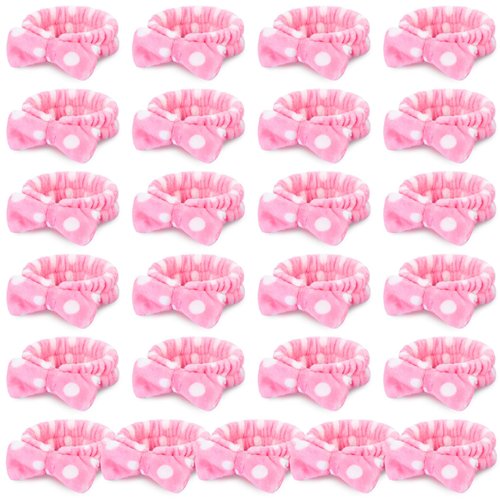 Riceshoot 25 Pcs Pink Spa Headband Bulk Bow Hair Band for Washing Face Soft Coral Fleece Skincare Headbands Elastic Bowknot Hair Band Hairlace Shower Head Wraps Gifts for Women Girls