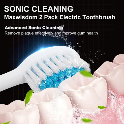 MAXWISDOM Electric Toothbrush 2 Pack - Electric Toothbrush for Adults with 10 Replacement Brush Heads, 2 Toothbrush Holders, 6 Modes, Smart Timer, 2 Hours Charge for 60 Days (Black & White)