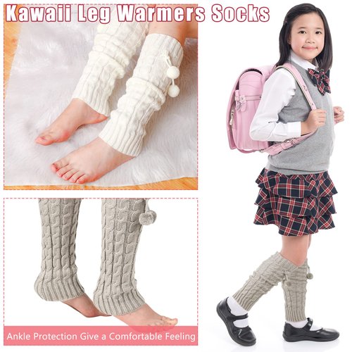 Eurzom 3 Pairs Kawaii Winter Knitted Leg Warmers Knee High Loose Socks Japanese Style Leg Warmers For Girls Women (White, Gray, Black, Wool Balls)