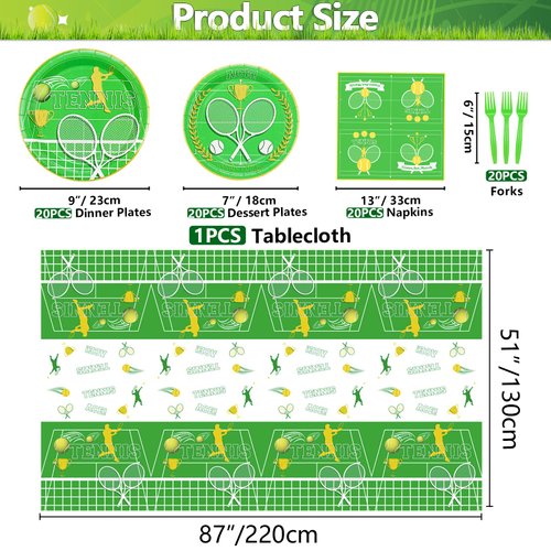 Tennis Party Supplies for 20 Guests, Disposable Tableware Set Includes Tennis Plates, Napkins, Forks, Tennis Tablecloth for Men Women Kids Tennis Birthday Party Decor, Sports Themed Party Supplies