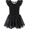 MOLLDAN Girls Dance Leotards for Ballet Dress Shiny Skirt Ruffle Sleeve Crisscross Back(QT4043-06-M) Black