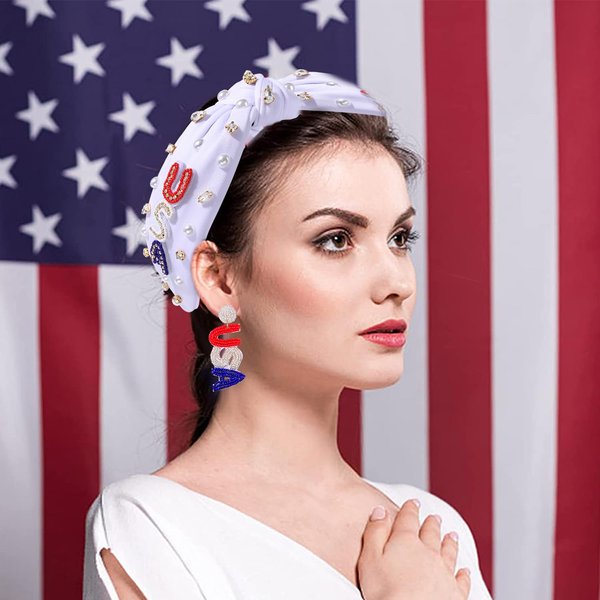 NVENF 4th of July Headbands, American Flag Star Headband Pearl Crystal Rhinestone Knotted Headbands Patriotic 4th of July Accessories Outfits for Women Holiday Gifts (American Flag 2)