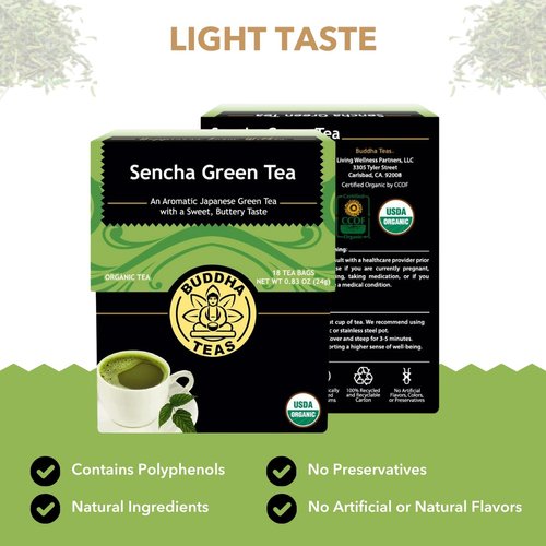 Buddha Teas - Organic Sencha Green Tea - For Health & Wellbeing - Japanese Green Tea - With Antioxidants & Minerals - Clean Ingredients - Caffeinated - OU Kosher & Non-GMO - 18 Tea Bags (Pack of 1)