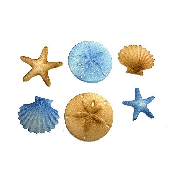 12pk Beach Comber Side Sand Water Sea Creatures Sea Shells Star Fish (Light Blue) Ready To Use Cake Cupcake Sugar Decoration Toppers