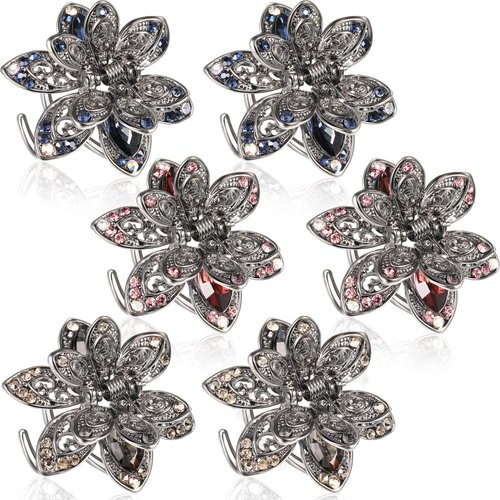 6 Pieces Metal Crystal Rhinestone Hair Claw Mini Jaw Clips Non Slip Exquisite Flower Barrette Vintage Metal Rhinestone Hair Clips Hair Clamp Accessories for Women Girls, 3 Colors