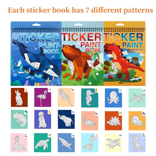 3PCS Sticker Paint Number Books Crafts for Kids Ages 4-8,8-12 Animal Dinosaur Ocean Sticker Book Stickers for Kids Boys Girl Adults for Birthday Party Favors Gift Travel Toy Daycare Activity