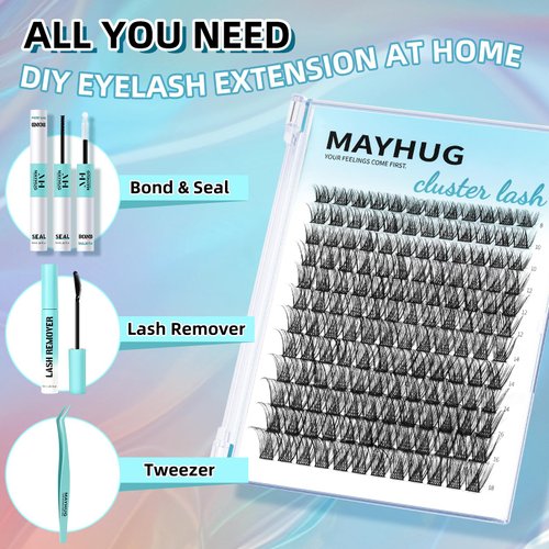 MH Cluster Eyelash Extensions Kit Lash Clusters Kit Lash Clusters with 12ML Bond and Seal Waterproof, 12ML Lash Remover, Lash Tweezers for DIY Lash Extension Kit (144PCS, 8-18mm)
