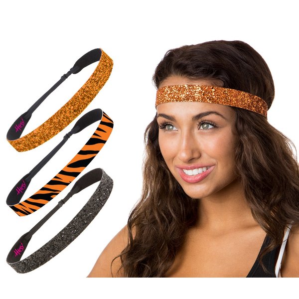 Hipsy Women's Adjustable No Slip Bling Glitter & Bengal Tiger Fashion Headband 3-pack (Wide Black/Tiger/Orange 3pk)