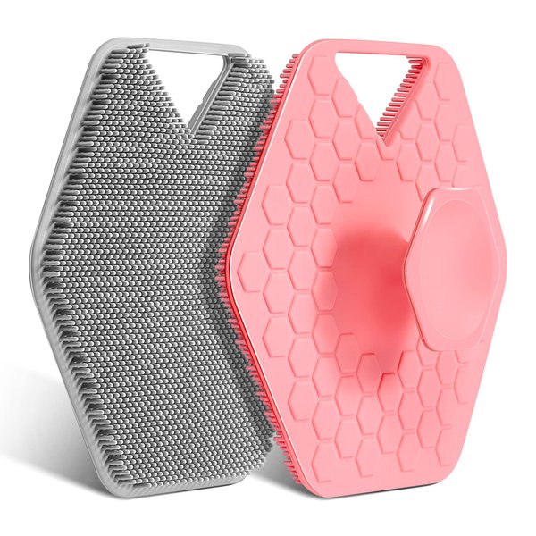 Silicone Body Scrubber,Body wash Scrubber Cleaning & Exfoliating Your Skin -Body Cleansing Brush Shower Scrubber with Ergonomic No-Slip Handle, (Gray&Pink))