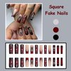 MISUD Press on Nails Long Square Fake Nails Glossy Glue on Nails Goth Black Red Ombre Acrylic Nails Squoval Artificial Nails Spider Web Stick on False Nails with Rhinestone Design 24 pcs