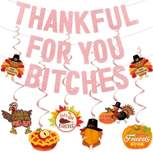 TF Girly Friendsgiving Party Decorations with Hanging Swirls, Pink Glitter Friendsgiving Decorations for Girl Home Office, Friendsgiving Banner, Thanksgiving Decorations for Mantel Fire Place Party