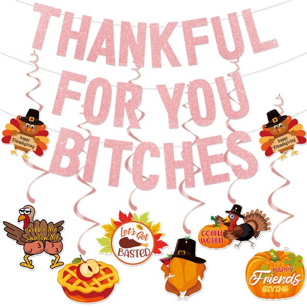 TF Girly Friendsgiving Party Decorations with Hanging Swirls, Pink Glitter Friendsgiving Decorations for Girl Home Office, Friendsgiving Banner, Thanksgiving Decorations for Mantel Fire Place Party