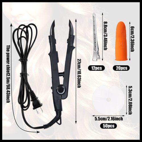 Fusion Hair Extensions Tools Keratin Hair Extension Tools Fusion Heat Iron Hair Extensions Heat Tool with Fusion Glue Protector Templates Hair Clips Finger Protector 2 Bags Keratin Glue Granule