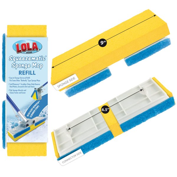 Lola Products SqueezeMatic Easy Clean Butterfly Sponge Mop Head Refill | 9" Wide Mop Head | Replacement Mop Head for Floor Cleaning | Fits Most Butterfly Squeeze Sponge Mops