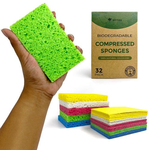 AIRNEX Biodegradable Compressed Cellulose Sponges - Pack of 32 Pop Up Natural Dish Sponges - Multicolor Non Scratch, Heavy Duty, Multipurpose, Compostable and Eco Friendly