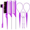 ZVOREL 8Pcs Hair Brushes Set with 4Pcs Topsy Hair Tail Tools 1Pcs Bristle Teasing Hair Brush 1Pcs Edge Control Brush 2Pcs Metal Pin Rat Tail Combs for Woman Girl Hair Styling,Edge&Back Brushing purple