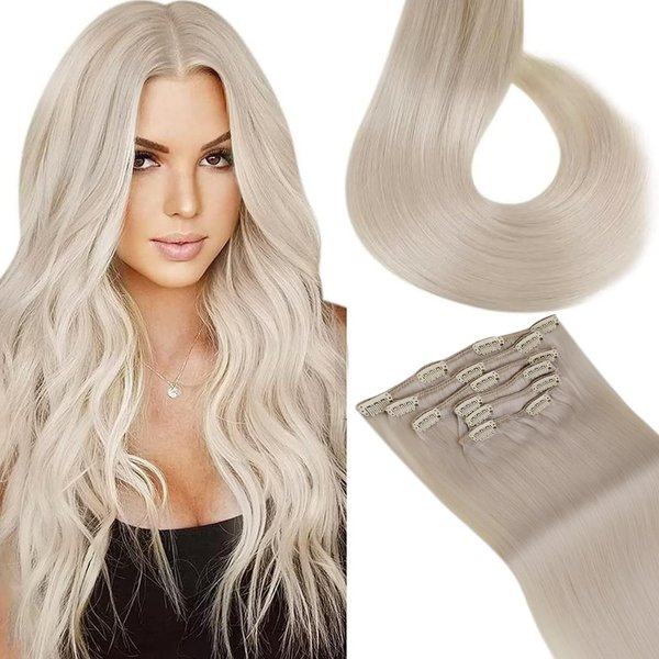 LaaVoo Platinum Blonde Hair Extensions Clip in Human Hair 16 inch #60 White Blonde Clip in Hair Extensions Real Human Hair Straight Remy Hair Extensions Full Head 7pcs/120g