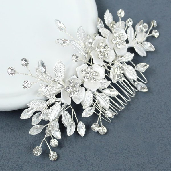 PTORIZNY Wedding Rhinestone Hair Comb Crystal Bride Hair Combs Flower Side Hair Combs Leaf Headpiece Bridal Hair Accessories for Women (Silver)