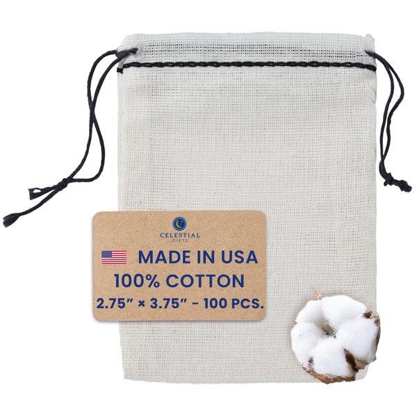 Celestial Gifts Muslin Bags - Drawstring Bags Small 100pcs - 2.75x3.75, Reusable Tea Bags, Jewelry Gift, Spice and Cotton Gift Sachet Bags - 100% Cotton - Made in USA - (Black Hem & Drawstring)