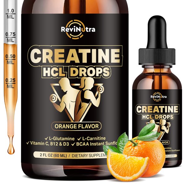 Creatine HCL Liquid Drops for Men & Women, 1500mg Liquid Creatine Hydrochloride for Muscle Growth & Recovery, Promote Energy, Boost Strength, High Absorption, 2 Fl Oz, Sugar-Free Orange Flavor