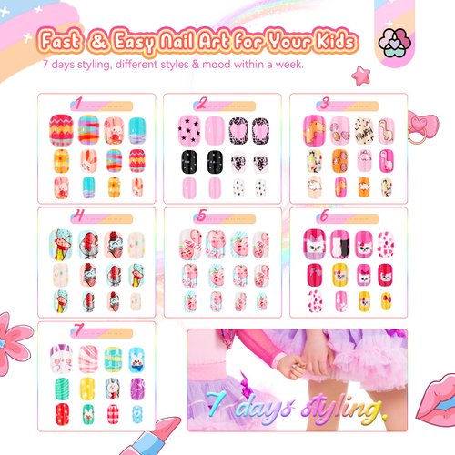 Saviland Press on Nails for Kids 7-day Styling: 168PCS Kids Press on Nails for Girls Colorful Patterns Full Cover Short Square Fake Nails False Nail Art Set Gifts 8-12 Years Easter Child Home DIY