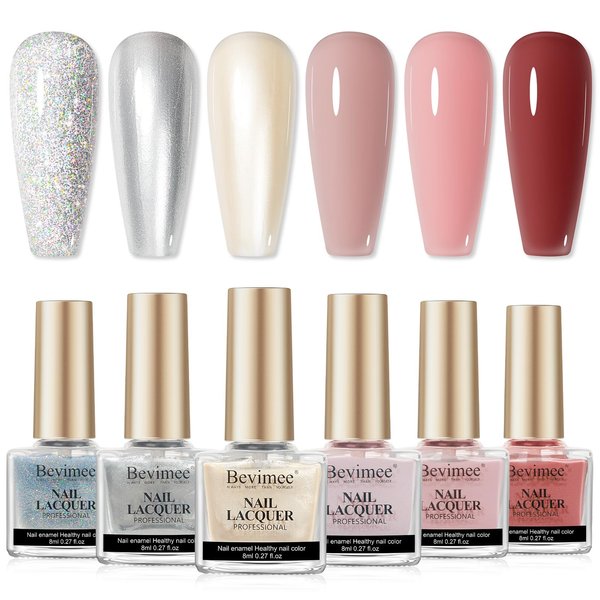 Bevimee Quick Dry Regular Nail Polish Set, 6 Colors Silver Glitter Metallic Pearl Nail Polish & Nude Pink Red Jelly Nail Lacquer Polish Water Based Nail Polish Varnish Manicure Gift for Women 7ML