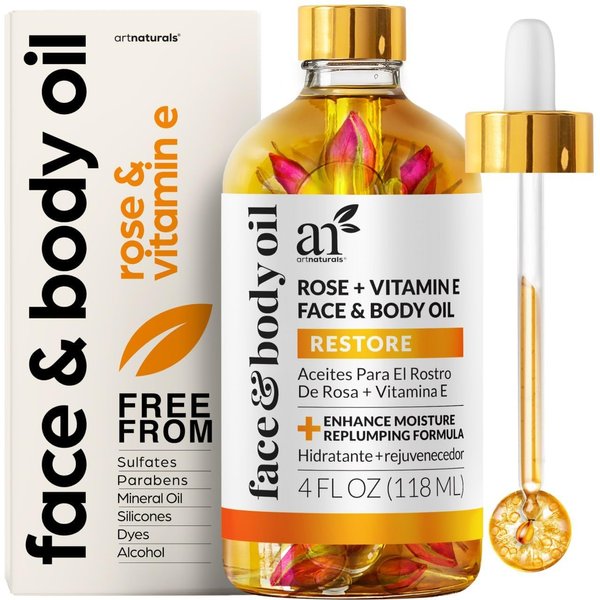 Artnaturals Organic Rose + Vitamin E Face Oil 4.0oz - for Body & Hair - 100% Natural, Moisturize, Rejuvenate & Enhance your skin - Anti-Aging Moisturizer Facial Oil for Fine Lines, Scars & Wrinkles