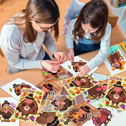 24 Sheets Thanksgiving Make-A-Turkey Stickers for Kids, Thanksgiving Crafts DIY Party Favors, Fall Goodie Bag Stuffers Friendsgiving Gifts Activities Decorations Stickers Classroom Prizes/Games/Toys