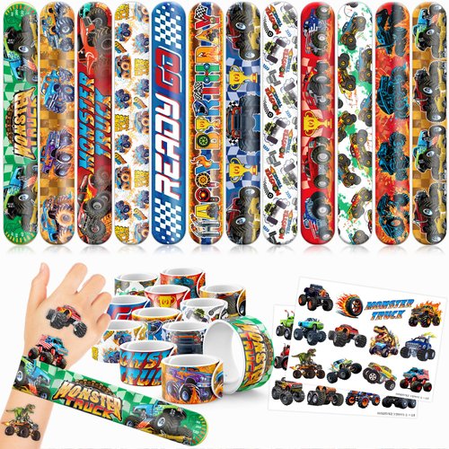 48 PCS Monster Truck Party Favors 24PCS Tattoos Stickers 24PCS Slap Bracelets Wristbands Perfect for Themed Birthday Baby Showers or Classroom Rewards Ideal Decor and Gifts for Girls and Boys