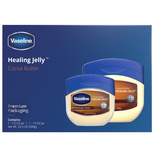 Vaseline Rich Moisturizing Cocoa Butter Healing Jelly, Dermatologist Tested, Nourishing Cocoa Butter, Moisturizes and Relieves Dull, Dry Skin, Soothing & Gentle, 13 oz and 7.5 oz, Pack of 2 with box