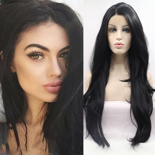 Xiweiya long black wavy wig synthetic lace front wigs wavy for women, Drag Queen with Heat Resistant Fiber Hair Replacement Wig Long Black Hair Side Part 24 inch