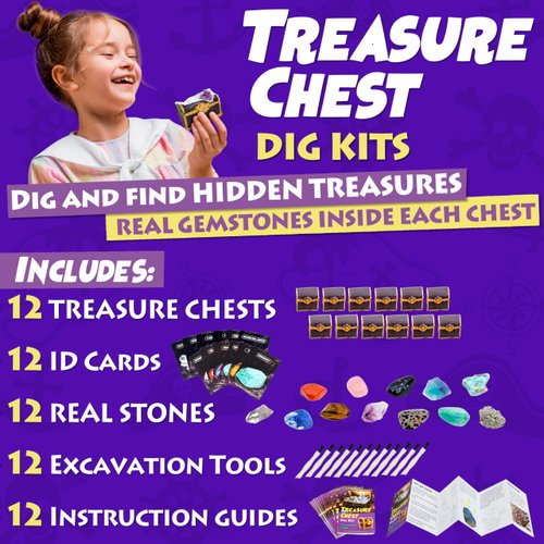 DANCING BEAR Treasure Chest Dig Kit Party Pack for 12 Kids, Excavate 12 Surprise Real Gems & Crystals, STEM Education, Fun Pirate Booty Hunt, Science Activity Gift Sets for Girls and Boys