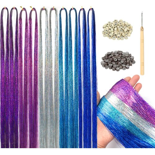 LyoRuSi Hair Tinsel Kit, Glitter Tinsel Hair Extensions with Tools (36 Inch, 5 Colors, 2200 Strands)- Fairy Hair Tinsel Heat Resistant Accessories for Women Girls Kids