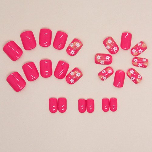 Short Press on Nails Square Fake Nails with White Flower Designs Acrylic Nails Press ons Glossy Glue on Nails Rose Pink Full Cover Stick on Nails for Women 24Pcs