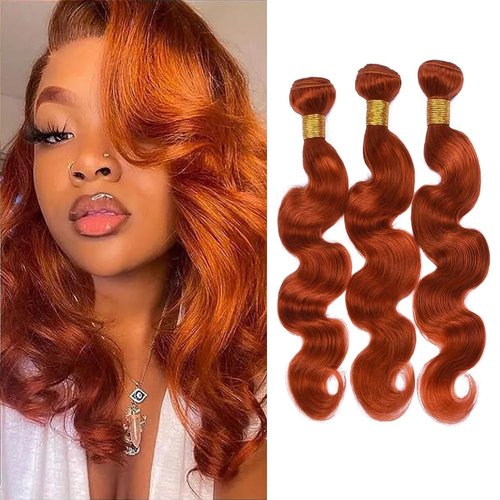 Orange Human Hair Body Wave Bundles Color 350 Human Ginger Hair Bundles Burnt Orange Human Hair Double Weft Brazilian Remy Hair Extensions Soft and Silky For Black Women (26 26 26 inch,3 Bundles)