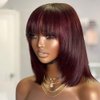 Jnymell Burgundy Pixie Cut Short Bob With Bangs Brazilian 99j Straight Bob With Bangs 13x4 HD Transparent Lace Front Human Hair Wigs For Women 150% Density Remy Short Bob Straight Hair Wigs 10"