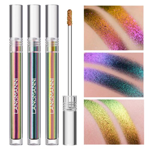 BIOKUSY 3 Pack Multichrome Liquid Eyeshadow, Chameleon Metallic Color Shifting, One-Swipe Coverage, Quick-Drying & Waterproof, Holographic Glitter Shimmer Eye Shadow Makeup Set (3 Pack Gift Kit)