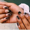 MISUD Coffin Press on Nails Medium Ballerina Fake Nails Goth Black Flame Acrylic Nails Matte Glue on Nails Cross Rhinestone Stick on False Nails with French Tip Design 24 pcs