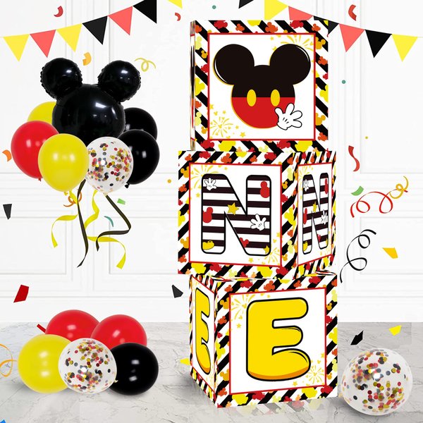 1st First Birthday Party Favors Balloon Boxes Supplies for Baby, Boys 3Pcs Black Yellow Mouse Theme One Year Old Balloon Boxes, 'ONE' Letters Balloon Arch Kit for Party Decorations