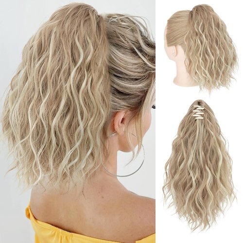SARLA Short Ponytail Extension Claw Clip in 13 Inch Fluffy Synthetic Curly Wavy Pony Tail Hairpiece for Women Dirty Blonde