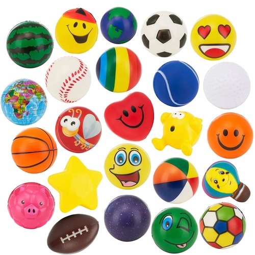 Neliblu Bulk Set of 2.5" Stress Balls -24 Set Treasure Box Classroom Prizes, Fidget Toys, Party Favors, Grip Strength Trainer in Assorted Designs and Colors for Kids, Adults and Teens
