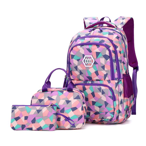 Bansusu 3Pcs Purple-a-3pcs Geometric Print Backpack and Lunch-Bag Set for Girls School Elementary Bookbags, 12.205.9016.53inch, 19 Liters