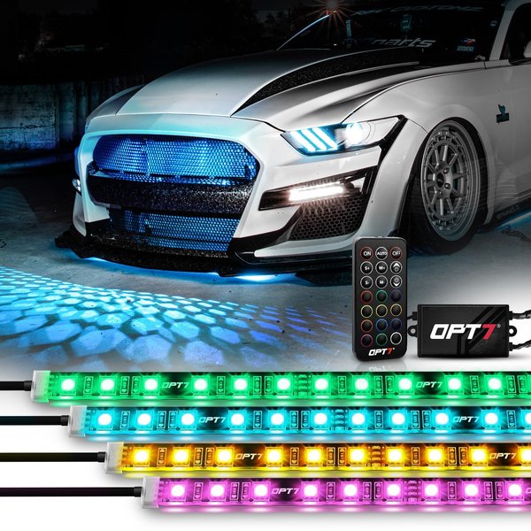 OPT7 Aura 4PCS LED Grille Lights with Remote Control, 12 inches IP67 Waterproof LED Strip Lights, Multi-Color, Dimmer, Fade, Cycle, Strobe, Peel'n'Stick Front Grill Valence, for Car Truck SUV