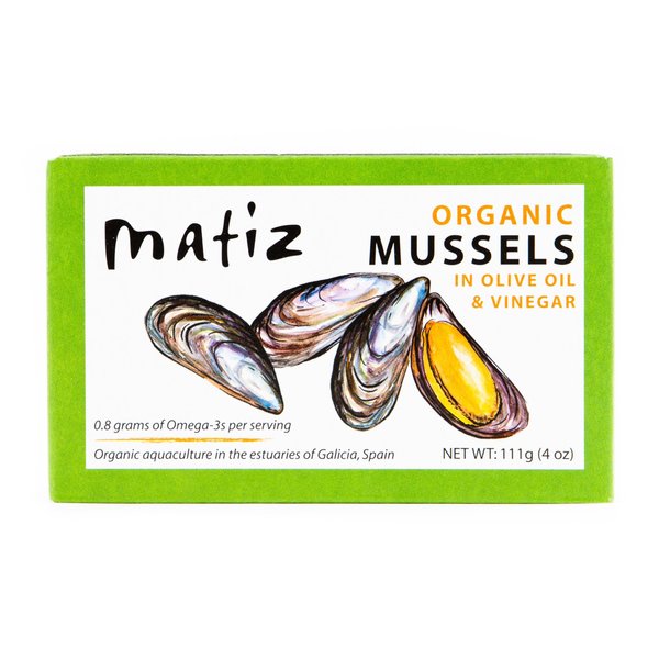 Matiz Espana Organic Mussels in Extra Virgin Olive Oil and Apple Cider Vinegar (4 oz.) From the Coast of Galicia, Spain (4 Ounce (Pack of 1))