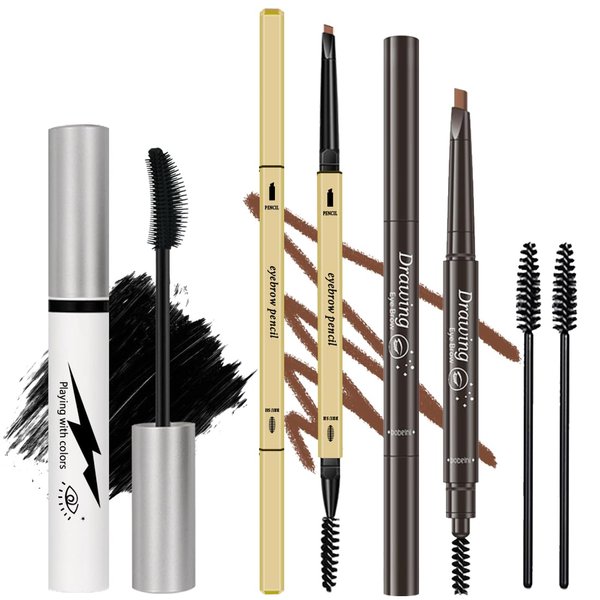 Generic 3 Different Silk Fiber Mascara,with eyebrow pencil,Eyebrow brush Natural Waterproof Smudge-Proof,All Day Exquisitely Long, Smudge-Proof Eyelashes (Brown, Black)