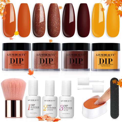 AZUREBEAUTY Dip Powder Nail Kit Starter, Fall Winter Yellow Orange Brown Glitter 12 Pcs 4 Colors Acrylic Dip Powder Liquid Set with Base/Top Coat Activator for French Nail Art Manicure DIY Gift